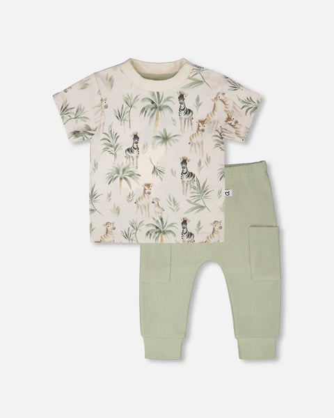 Deux Par Deux | Organic Cotton Jersey T-Shirt And Cotton Rib Pants Set Beige Zebra Print And Sage Green