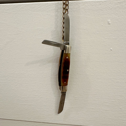 Foldable pocket knife with wooden handle on a white surface