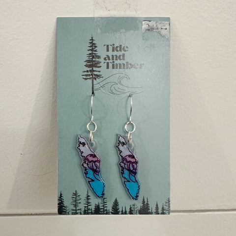 Earrings on a 'Tide and Timber' branded card with a nature-themed design.