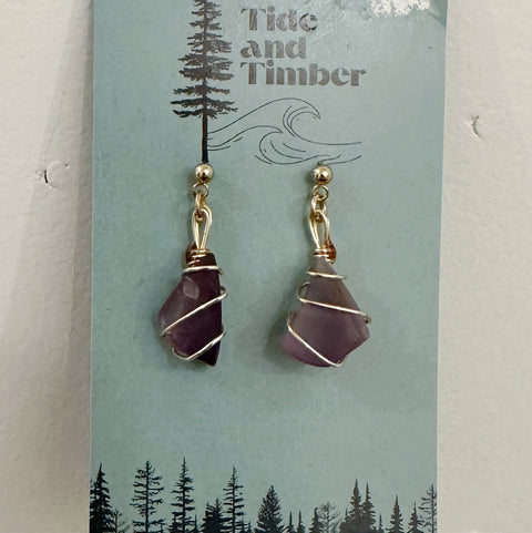 Gold Tumbled Wrap Studs Earrings | Purple Tumbled Glass