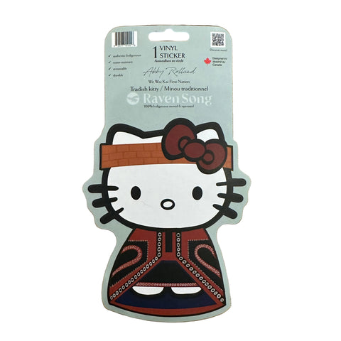 Sticker of a cartoon character with a patterned bow on a wooden surface