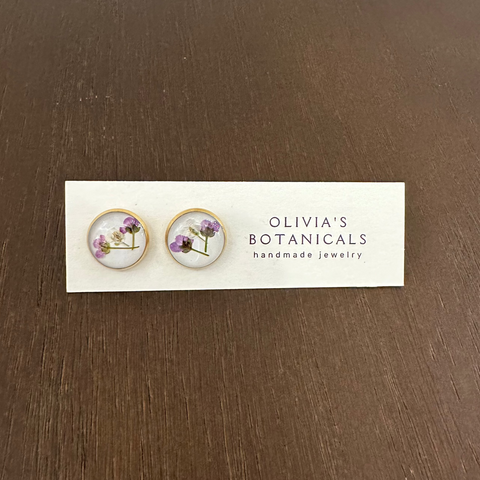 Gold Stud Earrings | Purple & White Flowers