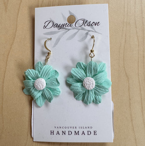 Pair of turquoise flower earrings on a 'Dayna Olson' card with 'Vancouver Island Handmade' text.