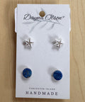 Pair of starfish and blue disc earrings on a 'Dayna Olson' card with 'Vancouver Island Handmade' text.