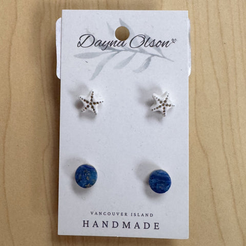 Pair of starfish and blue disc earrings on a 'Dayna Olson' card with 'Vancouver Island Handmade' text.