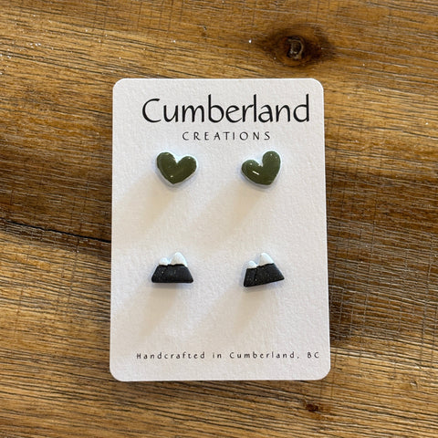 Pair of earrings on a 'Cumberland Creations' card on a wooden surface