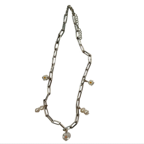 Paperclip Charm Necklace 15" | Daisies and Freshwater Pearls