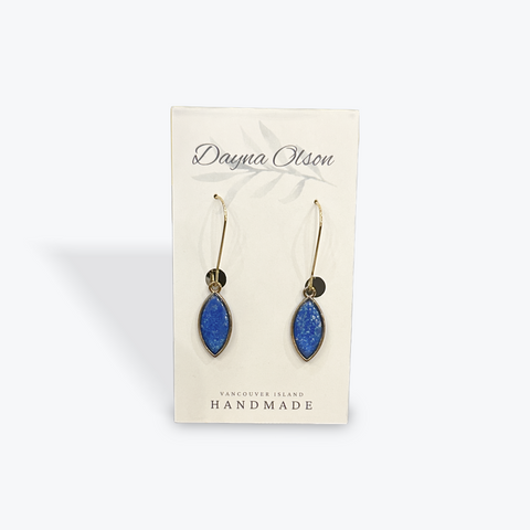 Blue earrings on a Danya Olson branded card with 'Vancouver Island Handmade' text.