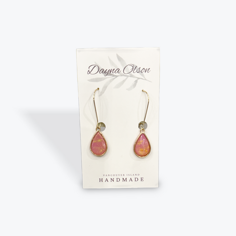 Pair of pink teardrop earrings on a 'Dayna Olson' branded card with 'Vancouver Island Handmade' text.