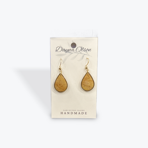 Teardrop-shaped earrings on a Danya Olson branded card with 'Vancouver Island Handmade' text.