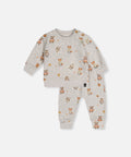 Deux par Deux long-sleeved baby top and pants in a beige woodland animal print.