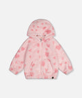 Deux par Deux pale pink hooded faux fur jacket with a heart pattern and front zip.