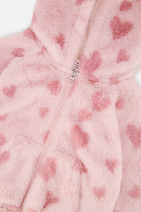 Close-up of the pink heart-patterned faux fur and zipper on the Deux par Deux jacket.