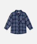 Deux par Deux blue and white plaid shirt with long sleeves, front buttons and a chest pocket.
