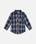 Deux par Deux blue and white plaid flannel shirt with front buttons and a chest pocket.