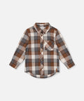 Deux par Deux grey and beige plaid flannel shirt with front buttons and a chest pocket.