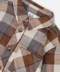 Close-up of the grey and beige plaid fabric, collar and chest pocket on the Deux par Deux flannel shirt.