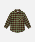Deux par Deux green and brown plaid brushed flannel shirt with front buttons and a chest pocket.