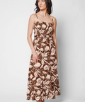 Woman wearing a floral dress on a white background