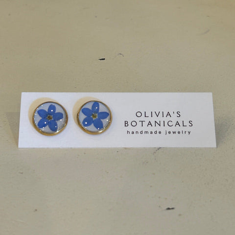 Large Gold Stud Earrings | Blue Flower