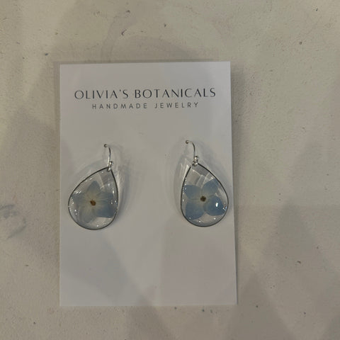 Large Silver Teardrop Earrings | Blue Flower