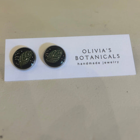 Large Stainless Steel Stud Earrings | Leaf with Black Background