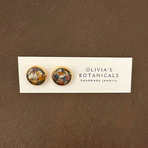 Larger Olivia's Botanicals gold studs Black with white and Red flowers