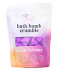 A stand-up pouch of Soap's Lemon Lavender Bath Bomb Crumble, featuring a white, purple, and orange gradient design with a clear window showing purple bath bomb pieces inside.