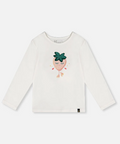 A white long-sleeve baby t-shirt with a cute strawberry graphic on the chest, displayed flat against a light gray background.
