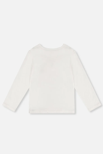 A long-sleeve crewneck top in off-white, shown from the back against a clean, light gray studio background.