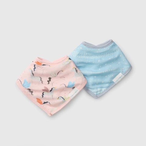 Two baby bibs, one with a pink and orange pattern and the other with a blue pattern, on a light gray background.