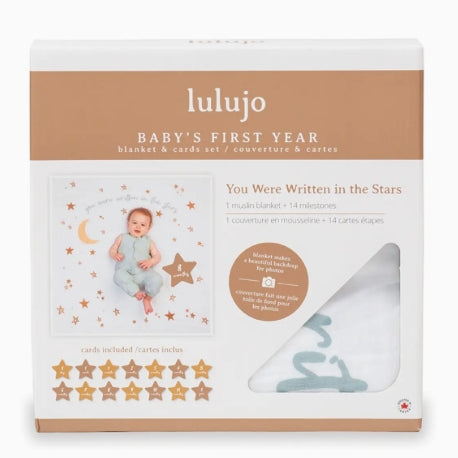 Lulujo baby's first year blanket and cards set packaging on a white background