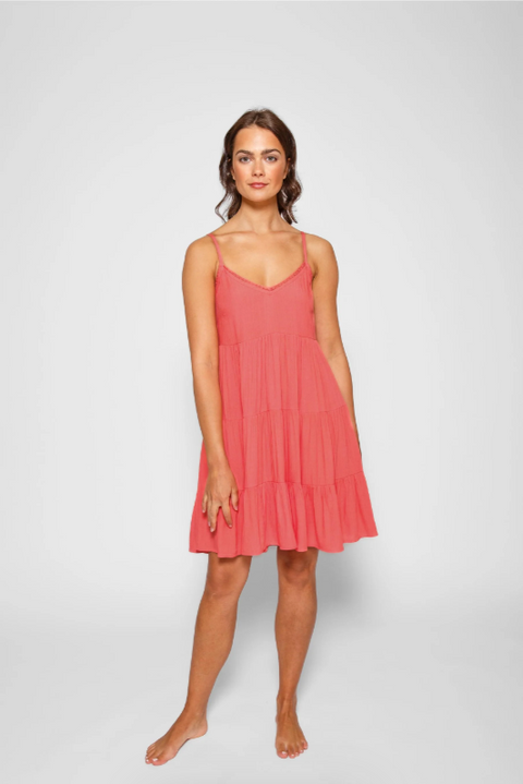 Miami Tiered Strappy Mini Dress | Coral