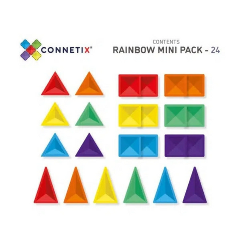 Connetix Rainbow Mini Pack - 24 pieces contents graphic showing a set of 24 colorful geometric building blocks arranged in a grid on a white background.