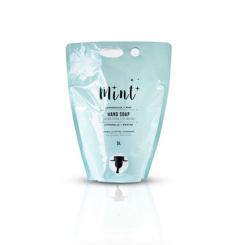Light blue hand soap packaging with 'mint' text on a white background