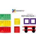 Connetix Motion Pack - 24 pieces contents display on a white background, showing green, yellow, and red geometric pieces, purple square frames, and a red train with black wheels.