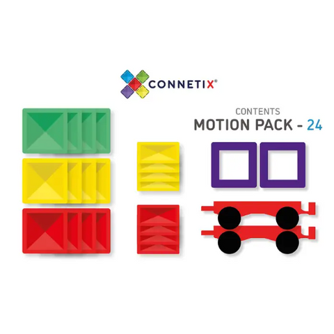Connetix Motion Pack - 24 pieces contents display on a white background, showing green, yellow, and red geometric pieces, purple square frames, and a red train with black wheels.