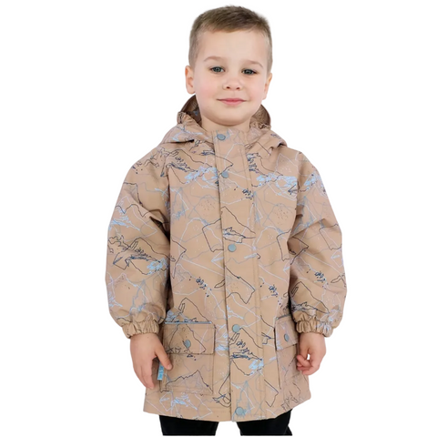 Child wearing a beige patterned raincoat on a white background