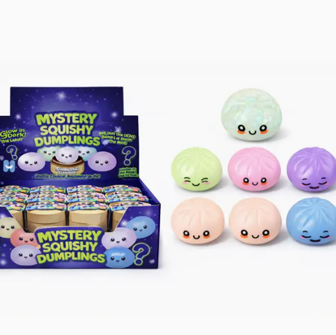 Mystery Squishy Dumplings packaging with colorful dumpling toys on a white background