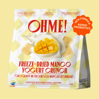 Packaging of OHME Freeze-Dried Mango Yogurt Crunch on a yellow background