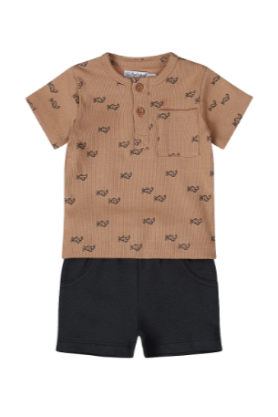OK Kids Dirkje 2 piece babysuit brown and navy airplanes