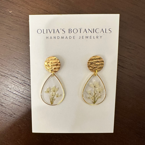 Olivia's botanicals gold dangle earrings bunch of white flowers