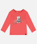 A coral pink long-sleeve children's top with a cartoon cat graphic on the chest, displayed flat against a light gray background.