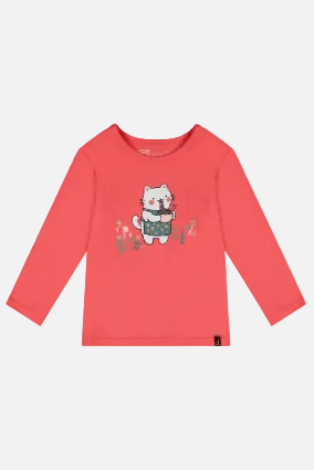 A coral pink long-sleeve children's top with a cartoon cat graphic on the chest, displayed flat against a light gray background.