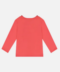 A coral pink long-sleeve t-shirt shown from the back, laid flat against a light gray background.