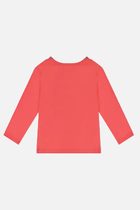 A coral pink long-sleeve t-shirt shown from the back, laid flat against a light gray background.