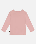 A light pink long-sleeve top shown from the back on a light gray background, with a small black tag near the bottom left hem and a small green label in the top right corner reading 'Coton biologique'.