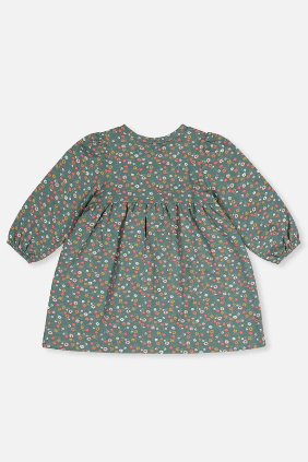 A toddler girl's long-sleeve dress with a green base and a dense multicolor floral print, shown from the back against a light gray background. A small label in the top right corner reads 'Coton biologique'.