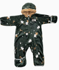 Dark green baby snowsuit with animal patterns on a white background