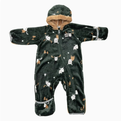 Dark green baby snowsuit with animal patterns on a white background